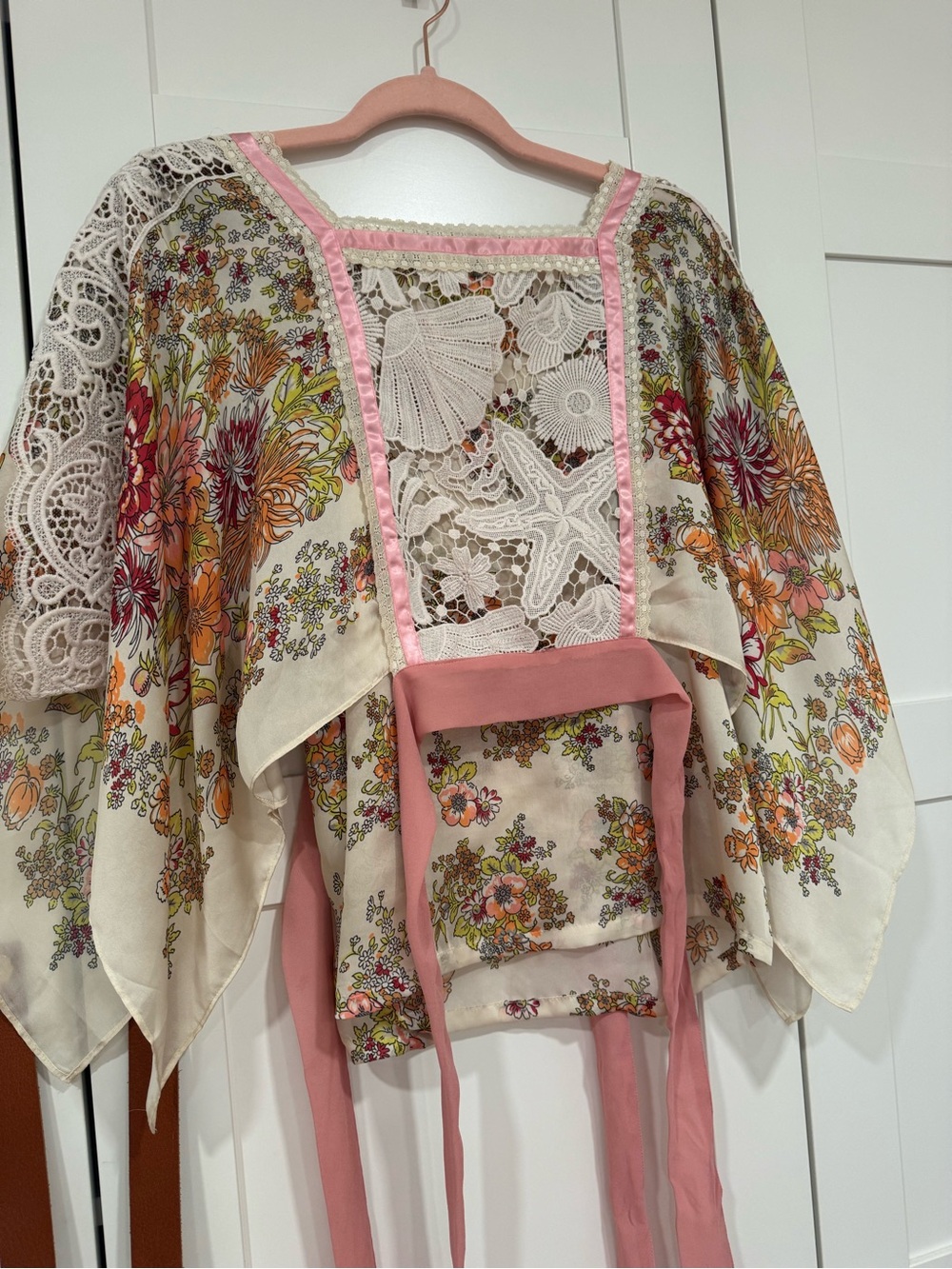 Anthropologie Floral Lace-Trim Tie-Front Tunic in Pink & Cream - Picture 6 of 6